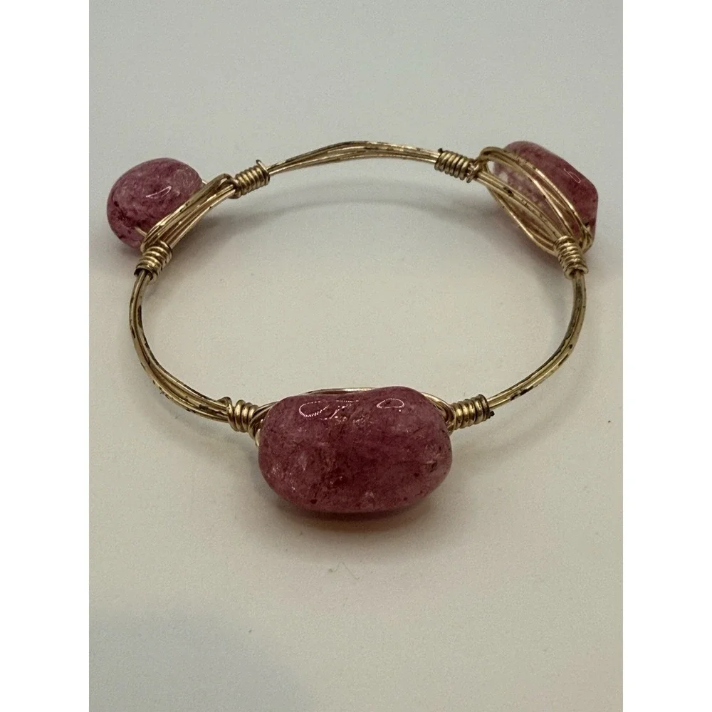 Wire Wrapped Bangle Bracelet Pink Stone or Glass Gold Tone 7
